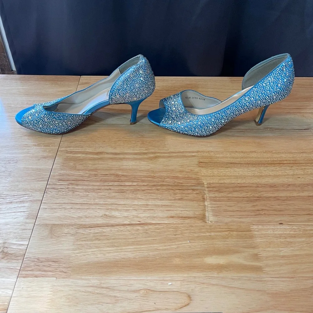 Touch Ups Blue Satin Rhinestone Peep Toe d'Orsay Kitten Heels Womens 10.5M
